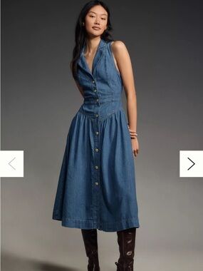 Reformation Sleeveless Blue Denim Button-Front Midi Dress
